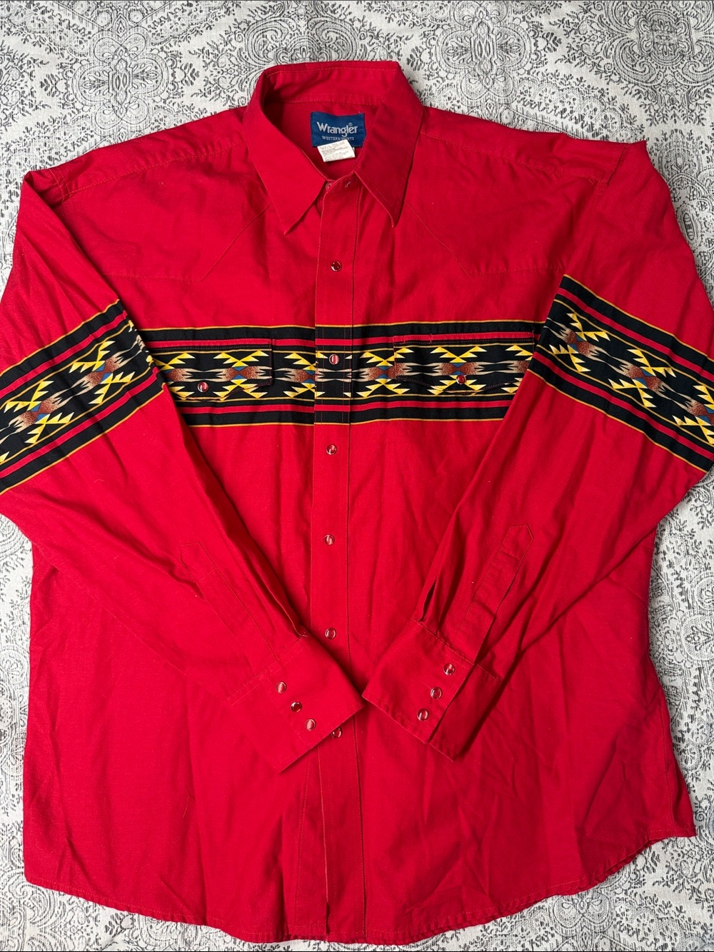 Wrangler Red Western Shirt with Black and Yellow Southwestern Band - XL
